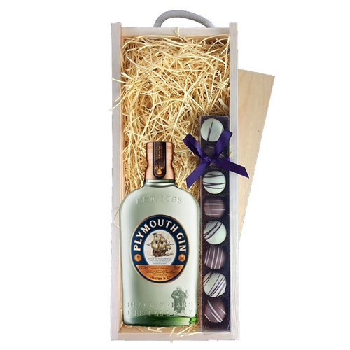 Plymouth Gin 70cl & Heart Truffles, Wooden Box